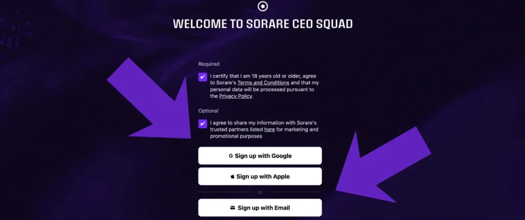 Oferta de registro de Sorare - paso 2