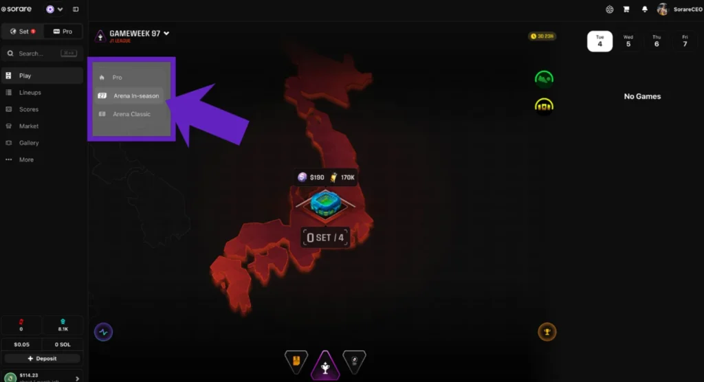 Arena In Season - menu tab screenshot