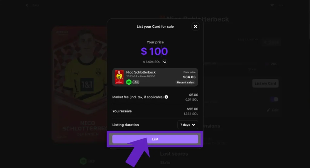 Confirming listing of the card