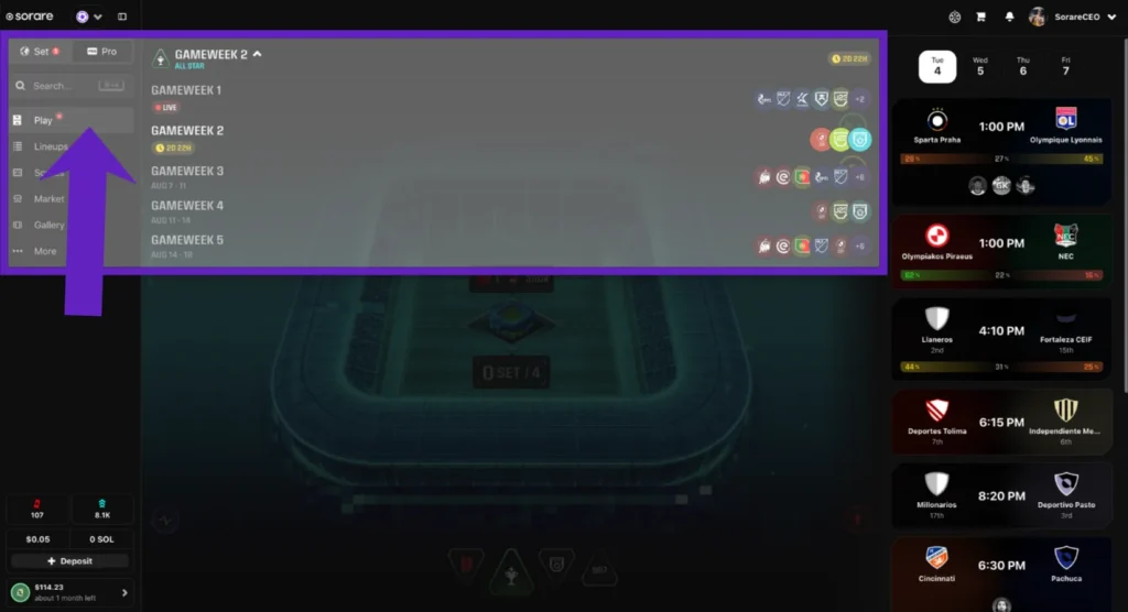 Picking a gameweek - screenshot